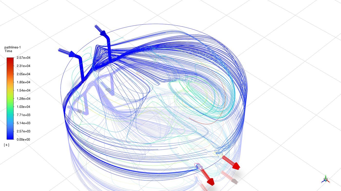 CFD study pathlines in a 20 MIG water storage tank